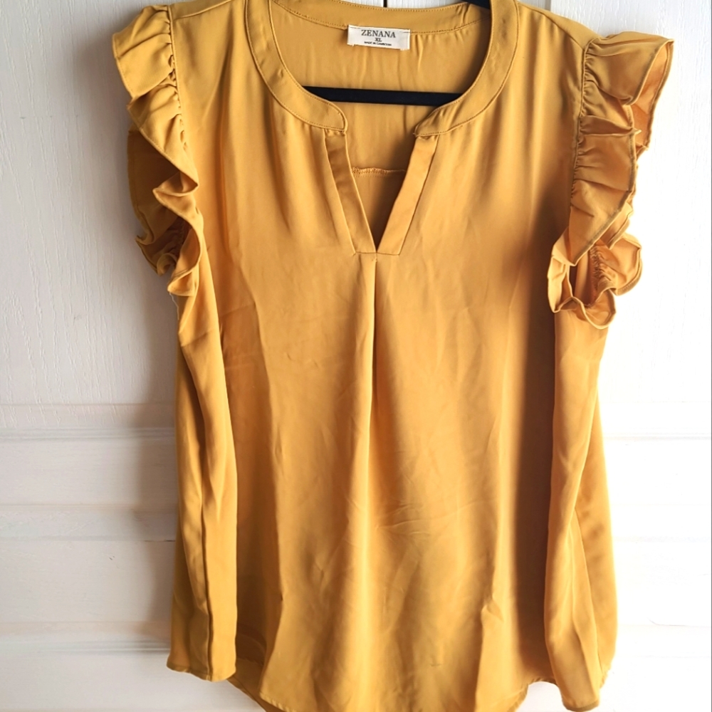 Mustard yellow top with ruffle capped sleeves